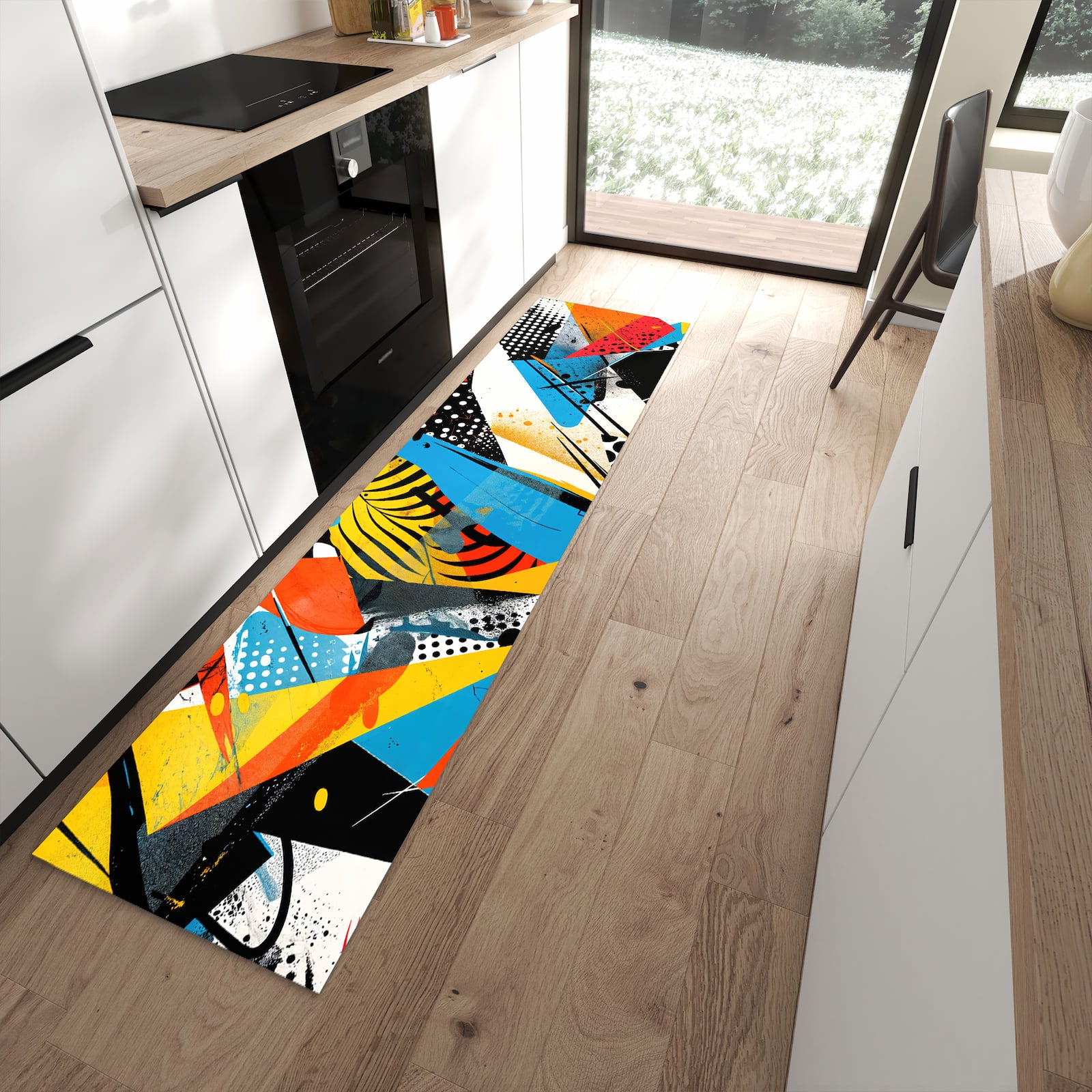 Schmutzabweisender Teppich für Esstisch mit Motiv Kunst des Abstrakte in moderner Küche