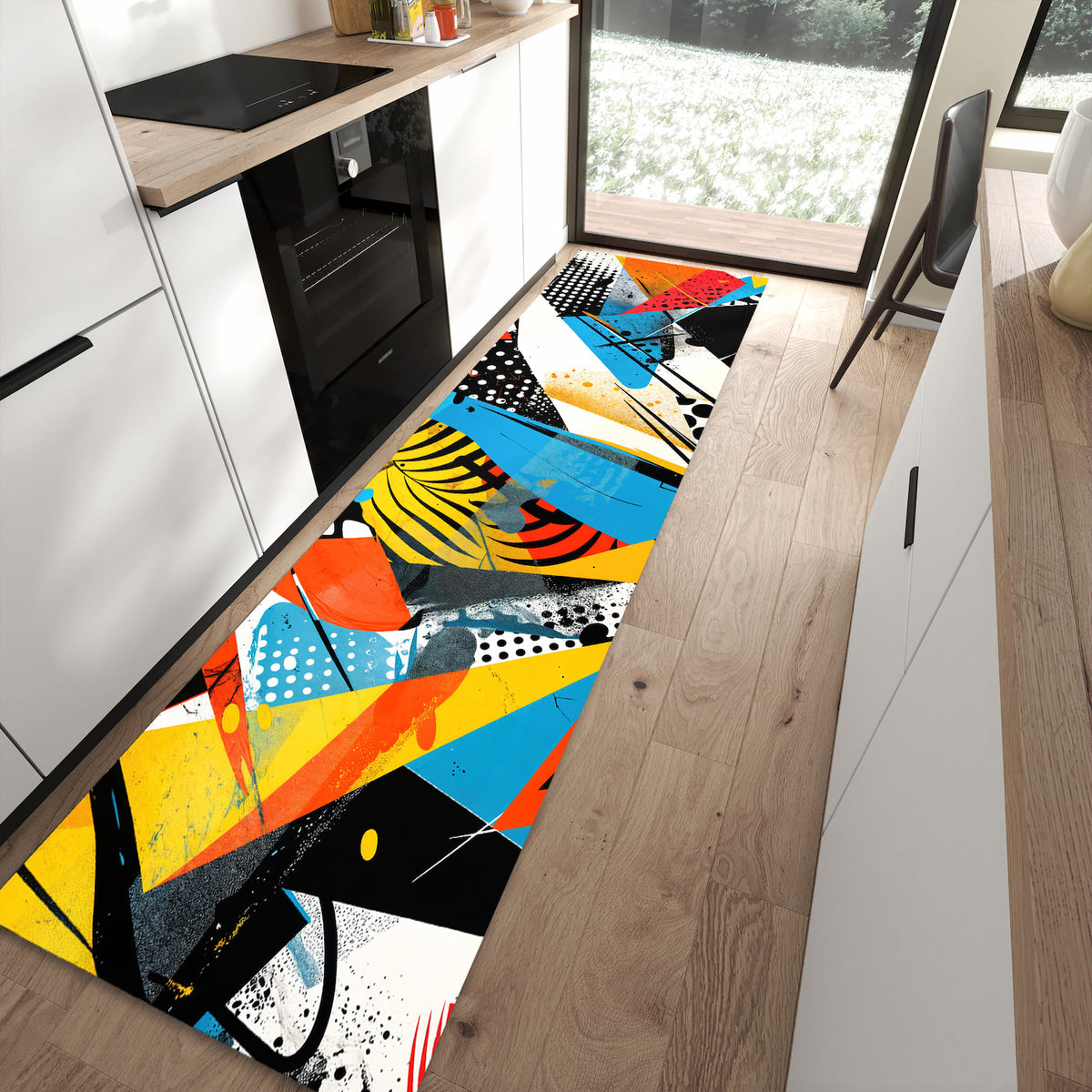 Rutschfester Küchenteppich mit Motiv Kunst des Abstrakte in moderner Küche - leicht zu reinigen