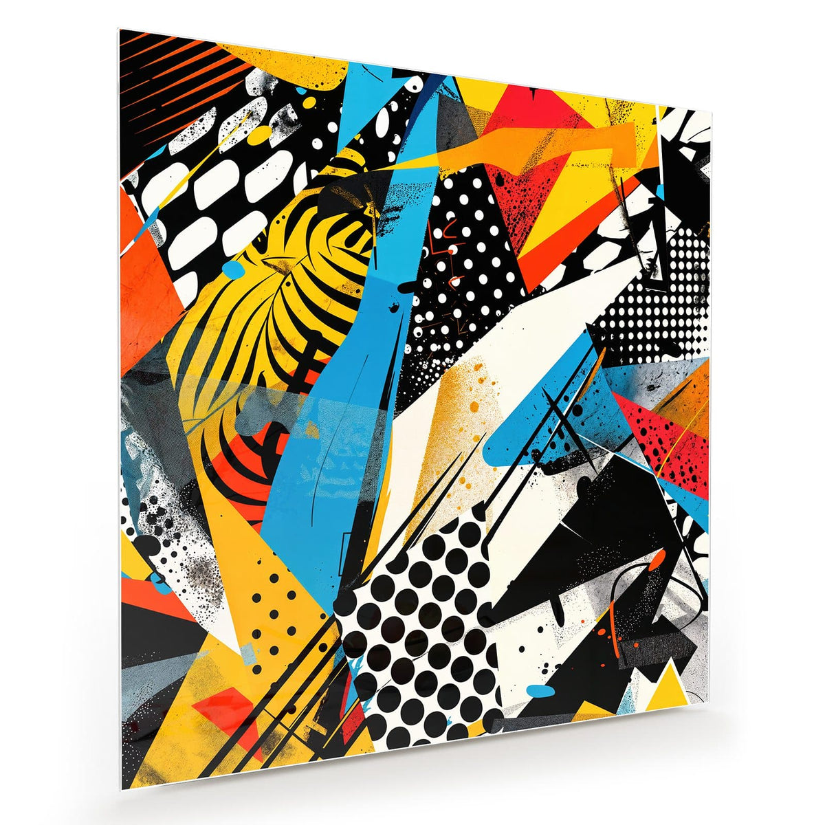 Pop-Art-Collage aus Dreiecken, Streifen und Punktrastern in Gelb, Blau, Rot und Schwarz
