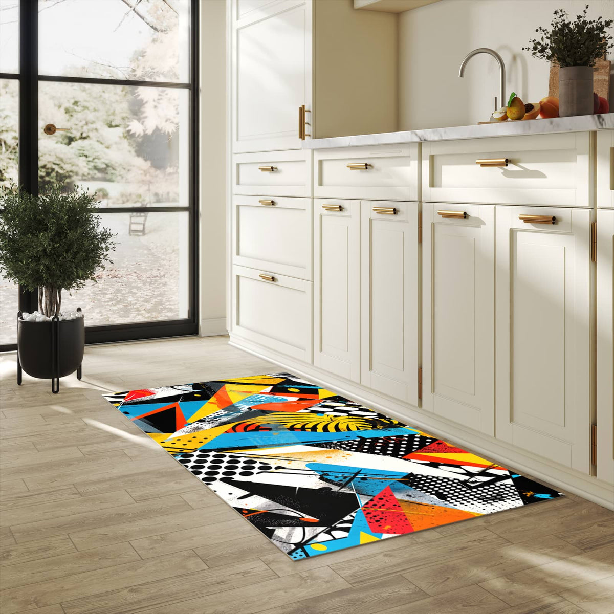 UV-beständiger Küchenläufer mit Motiv Kunst des Abstrakte in heller Küche