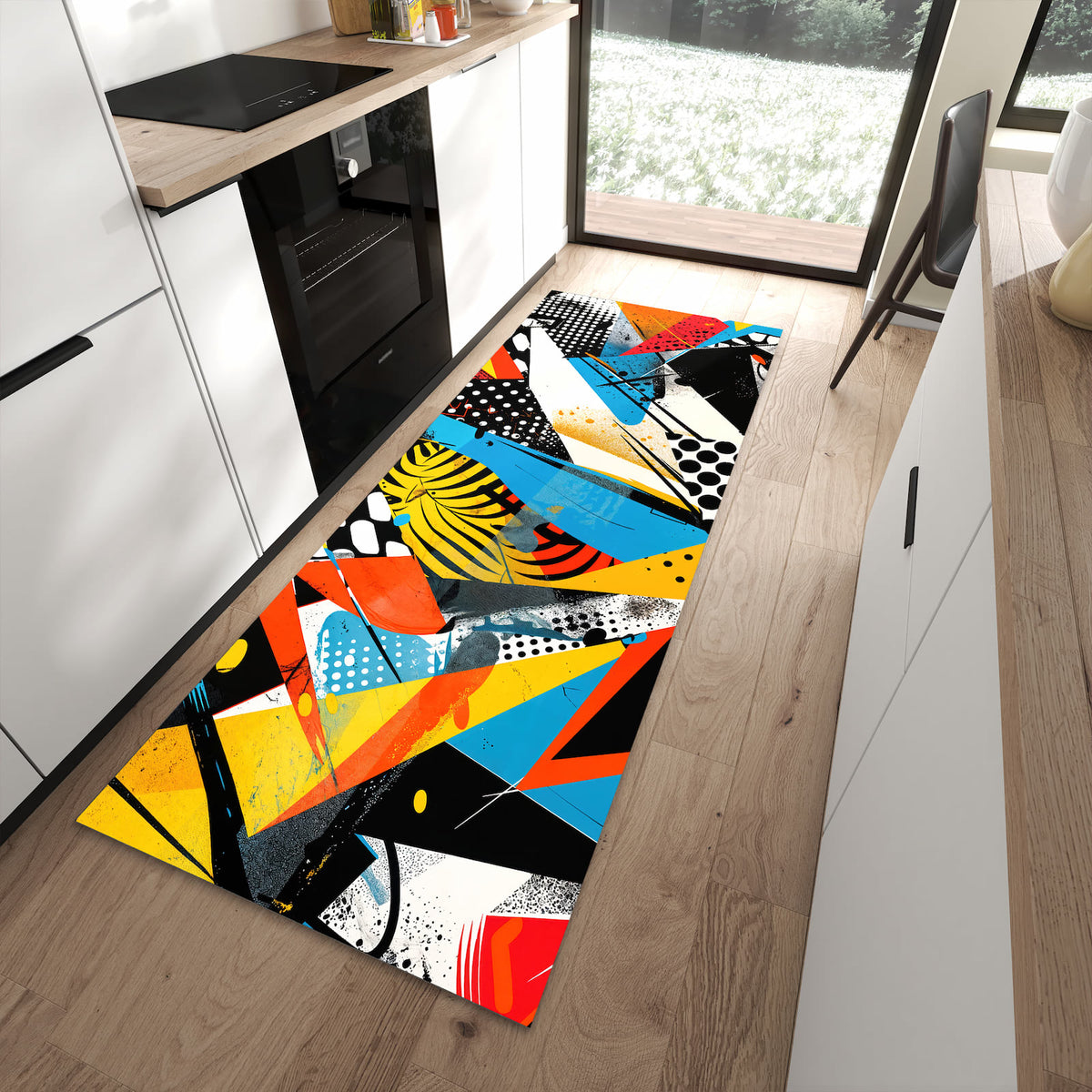 Hygienischer Küchenteppich mit Motiv Kunst des Abstrakte in moderner Küche - leicht waschbar