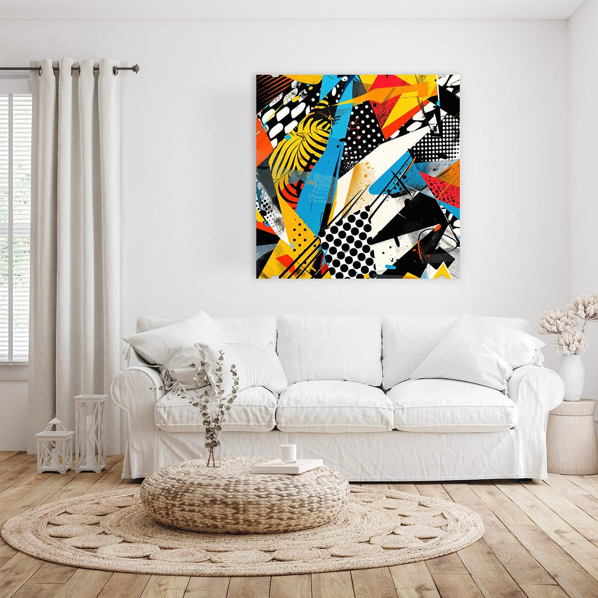 Glasbild Pop Art Collage an der Wand – Pop-Art-Collage aus Dreiecken, Streifen und Punktrastern in Gelb, Blau, Rot und Schwarz