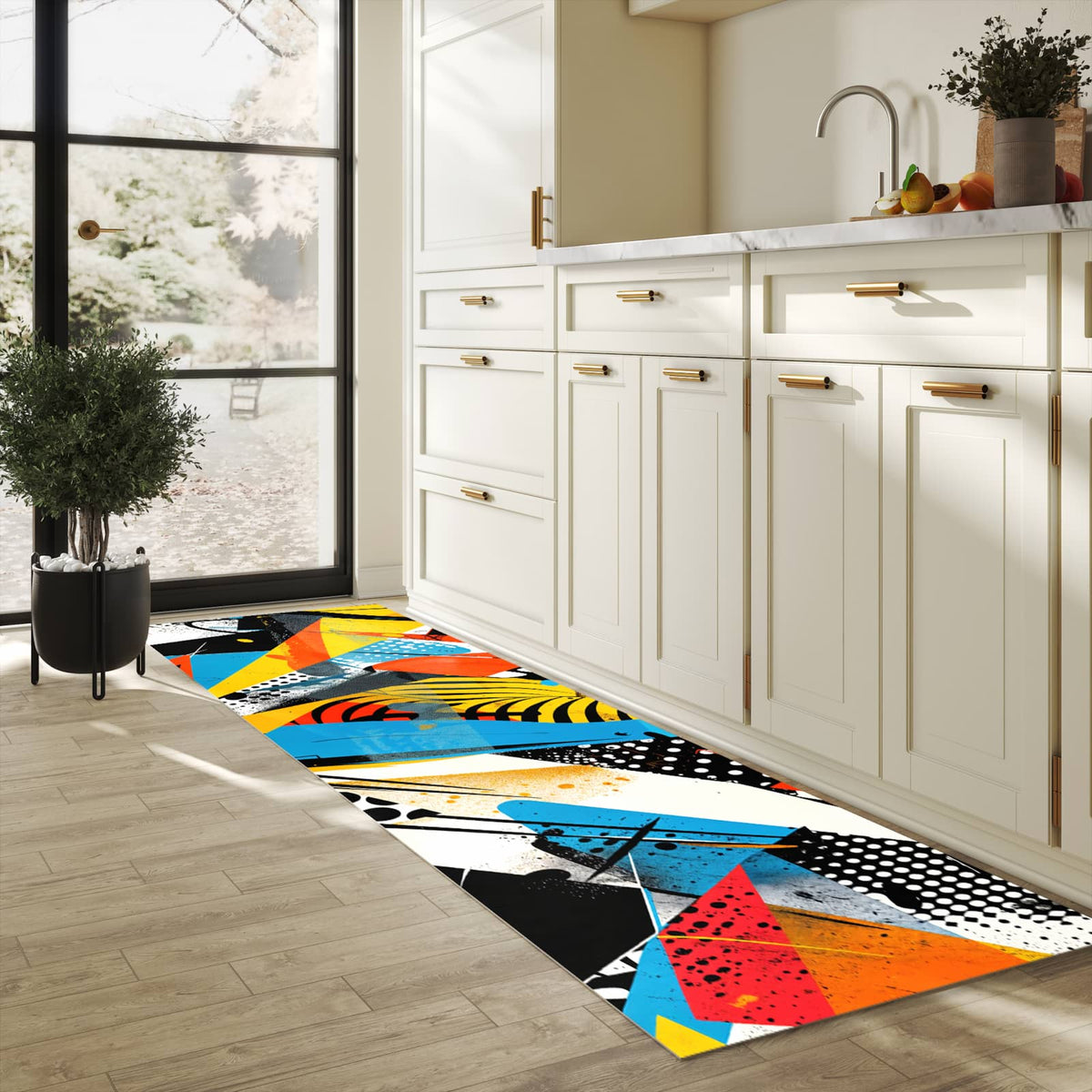 Abriebfester waschbarer Teppich Küche mit Motiv Kunst des Abstrakte in heller Küche