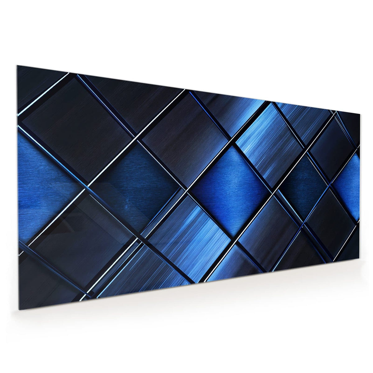 Küchenrückwand aus Glas im Hochformat: Diagonal gestellte, gebürstet-metallische Quadrate in Blau- und Schwarztönen