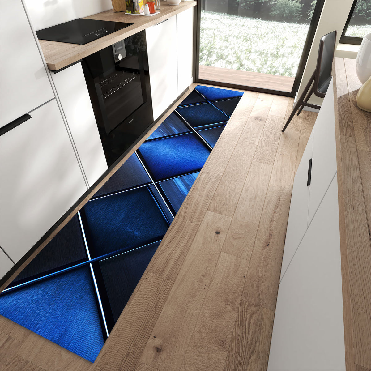 Waschbarer großer Küchenteppich mit Motiv Blaue Kacheln in moderner Küche