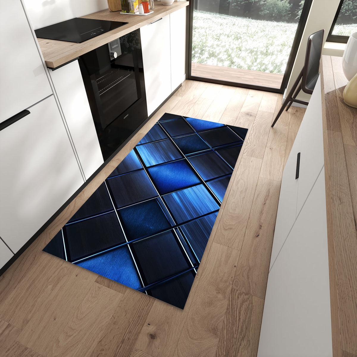 Bodenschonender Küchenläufer mit Motiv Blaue Kacheln in moderner Küche