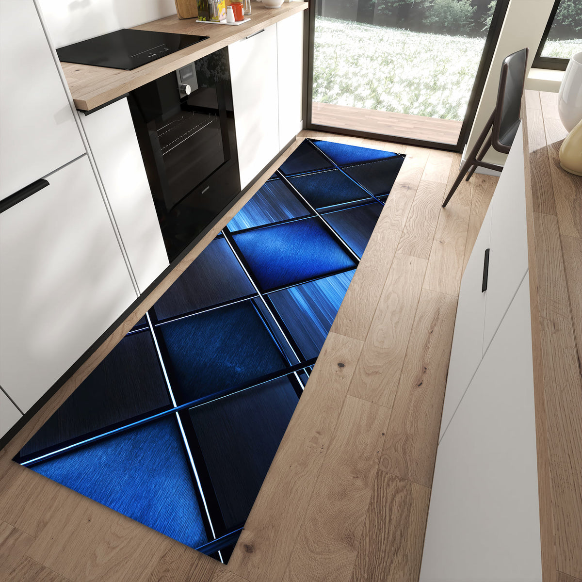 Bodenschonender Küchenläufer mit Motiv Blaue Kacheln in moderner Küche