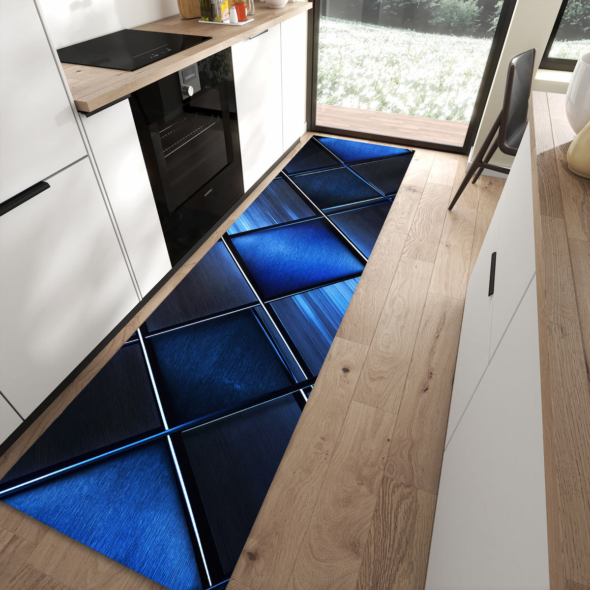 Waschbarer Küchenläufer mit Motiv Blaue Kacheln für Ordnung in moderner Küche