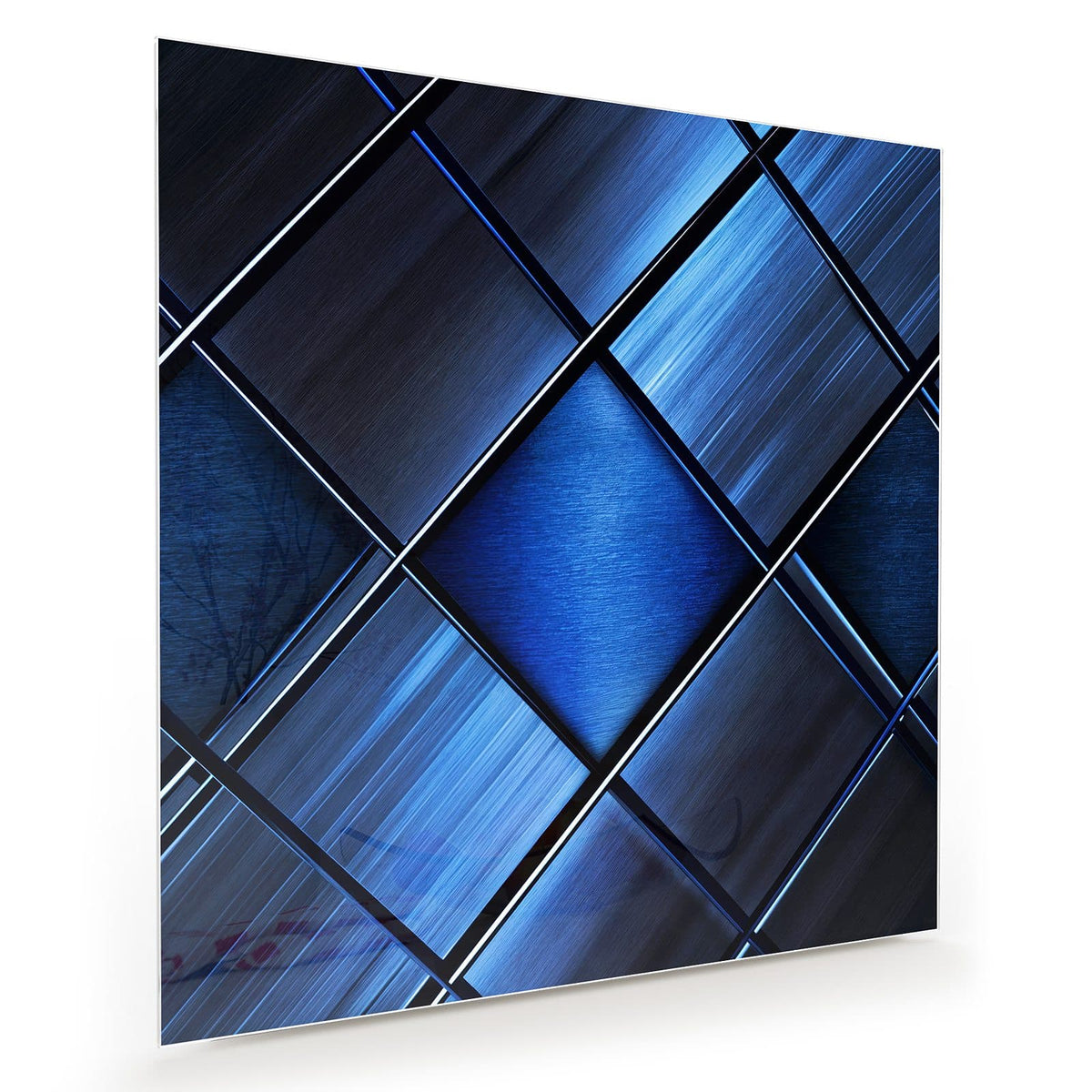 Diagonal gestellte, gebürstet-metallische Quadrate in Blau- und Schwarztönen