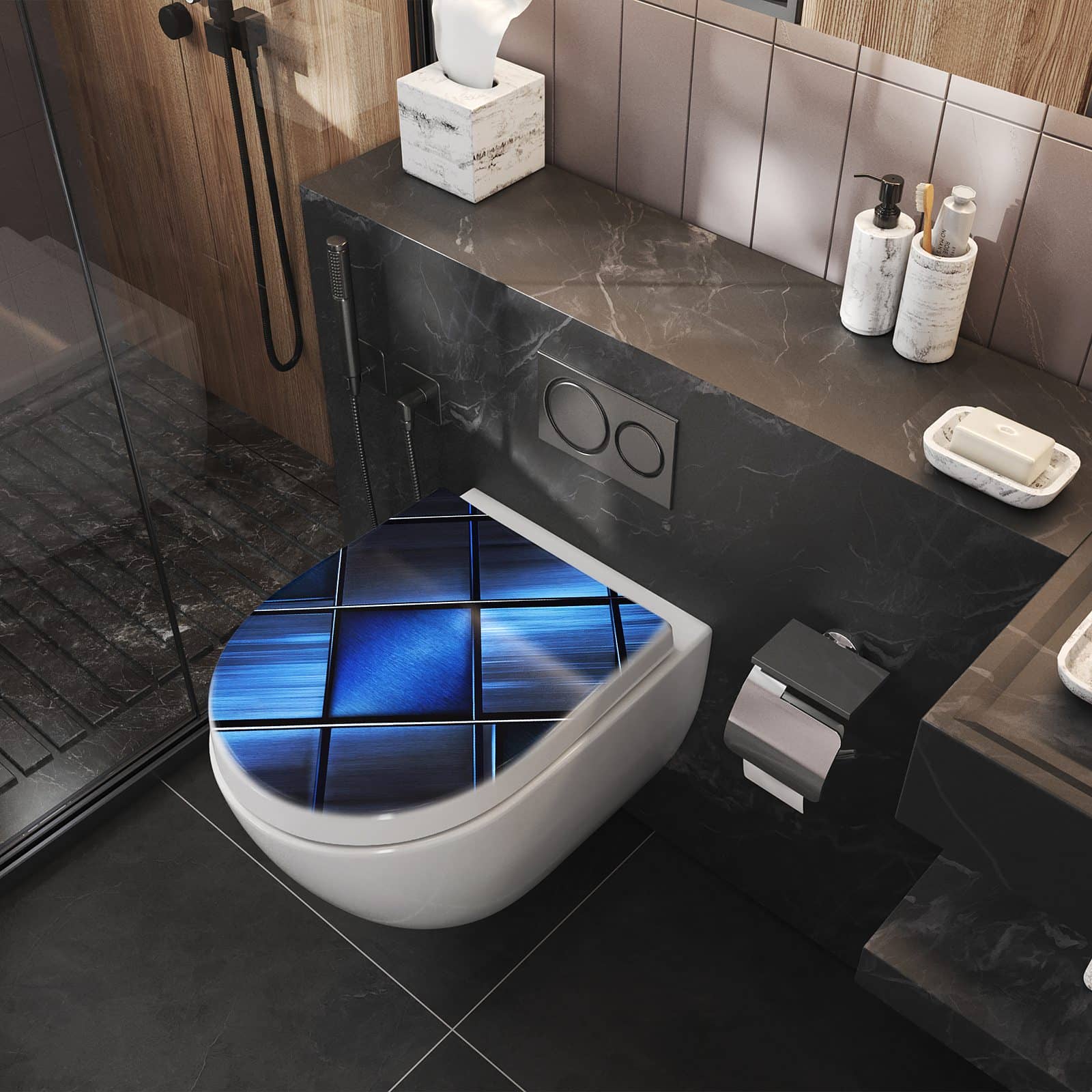 WC-Sitz mit Absenkautomatik Blaue Kacheln