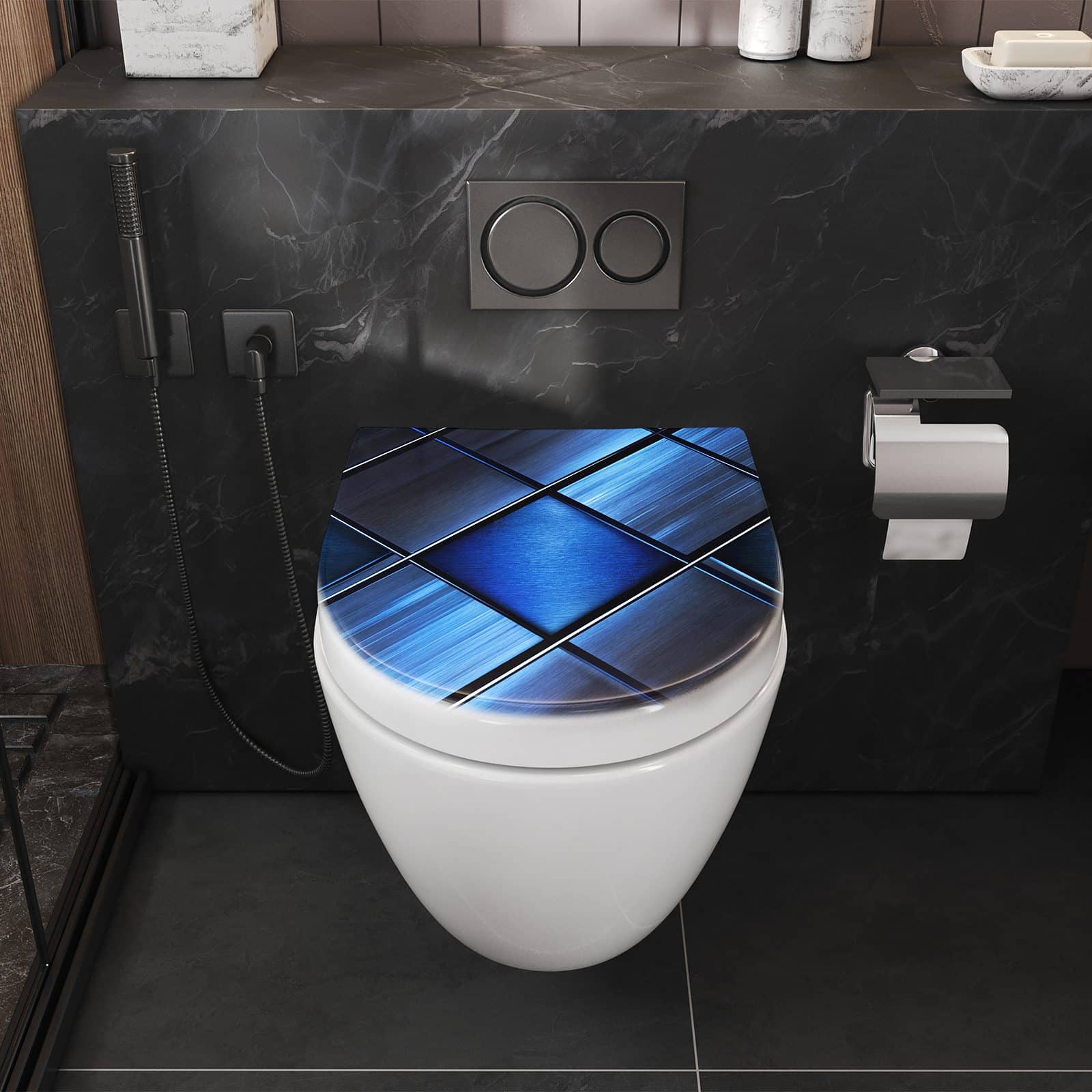 WC-Sitz mit Absenkautomatik Blaue Kacheln
