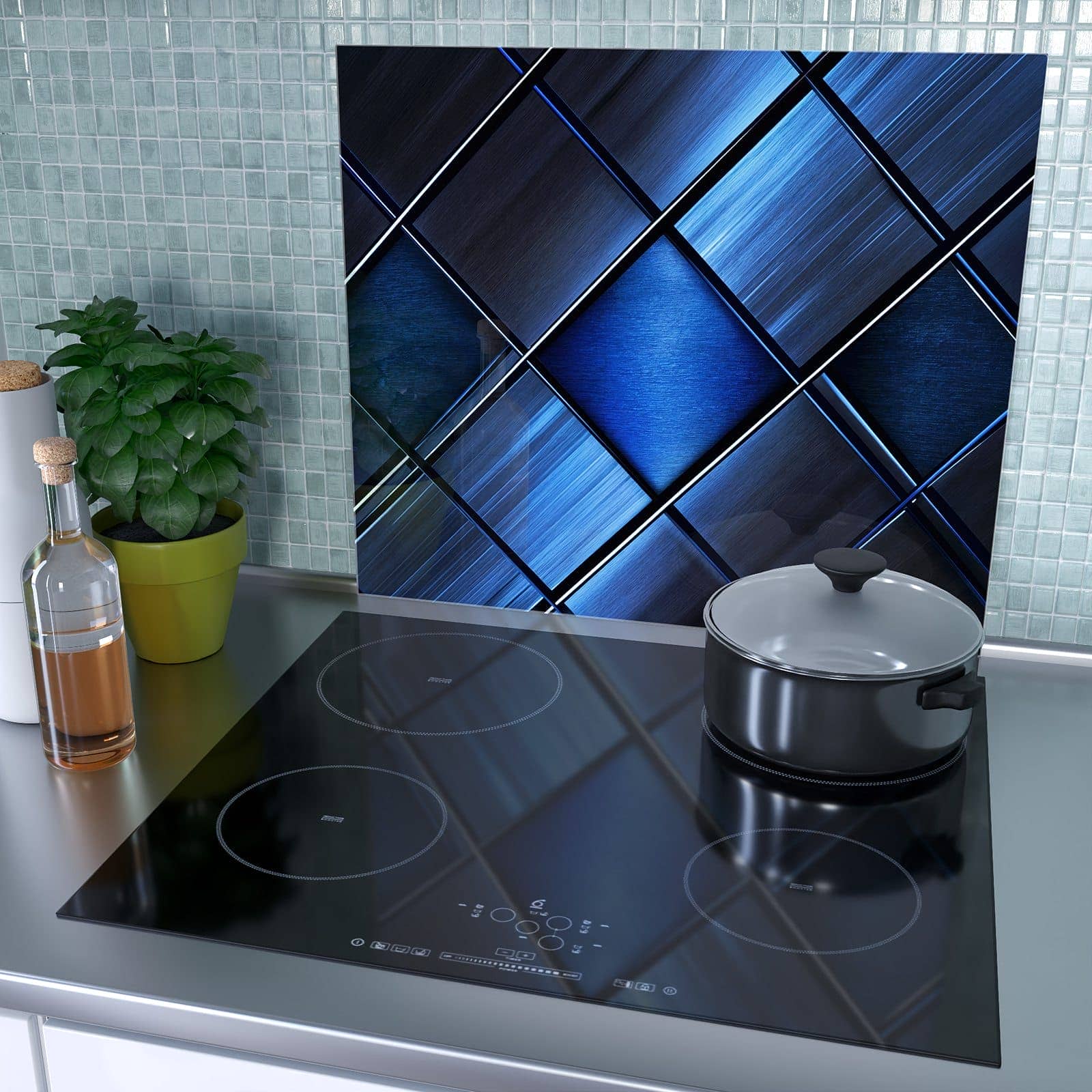 1-teilige Herdabdeckplatte aus Glas mit Blaue Kacheln-Motiv als Spritzschutz hinter dem Kochfeld