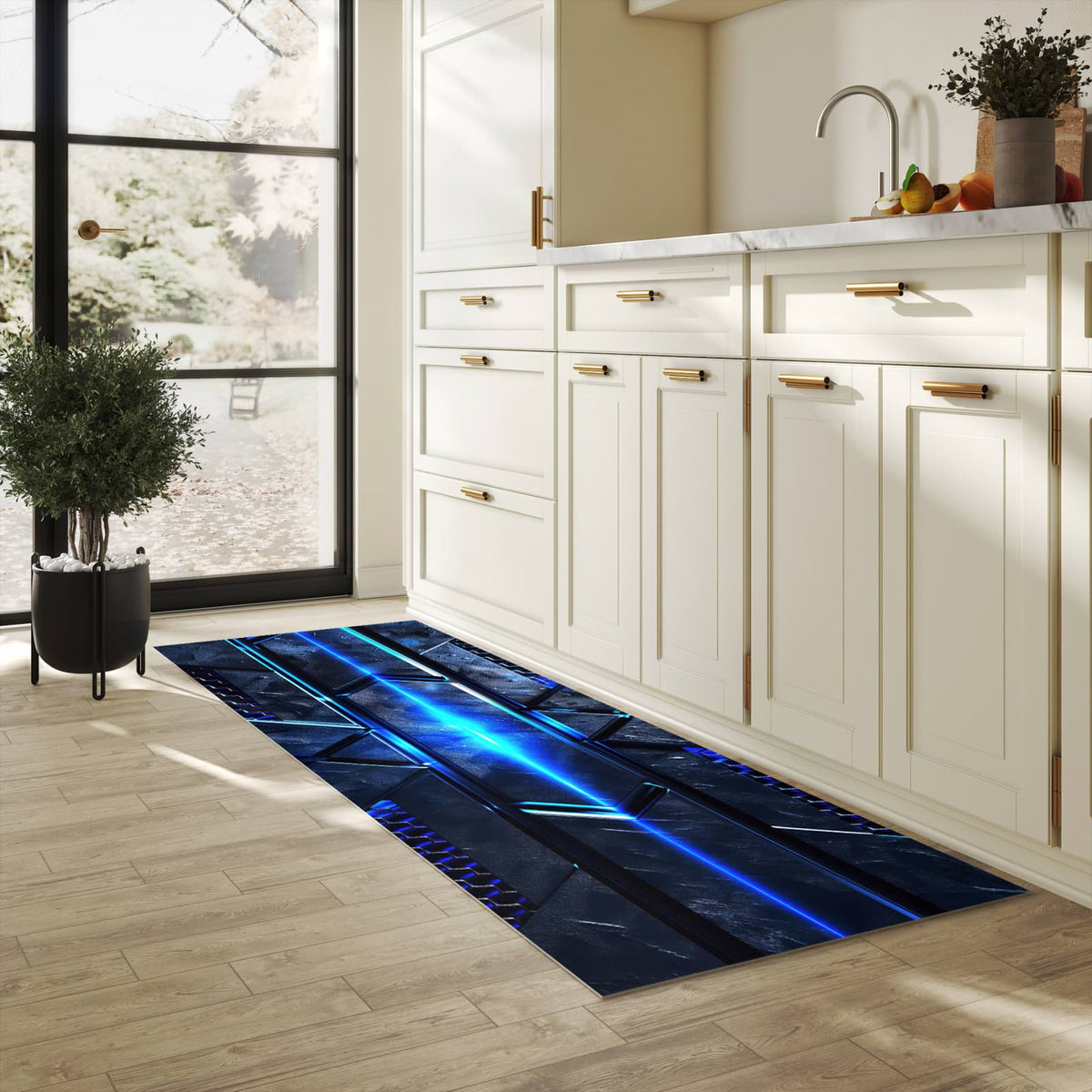 Zeitsparender Küchenteppich mit Motiv Futuristisches Design in heller Küche - leicht waschbar