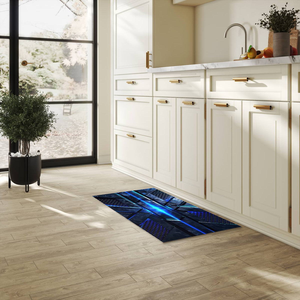 Rutschfester Küchenteppich mit Motiv Futuristisches Design in heller Küche
