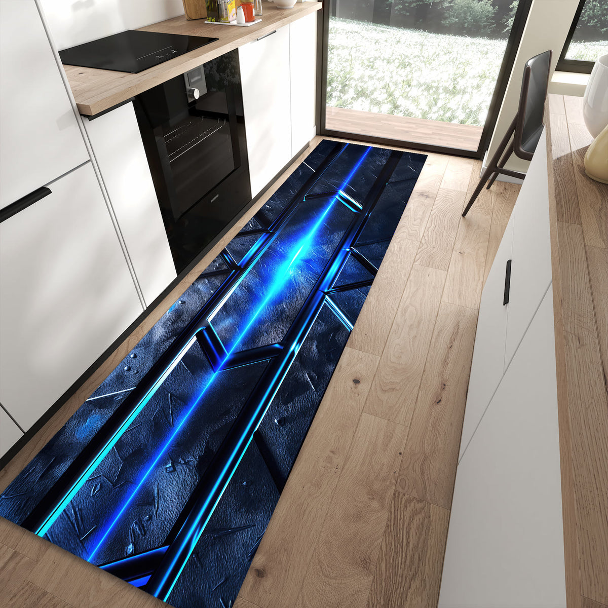 Flacher Bodenläufer mit Motiv Futuristisches Design in moderner Küche