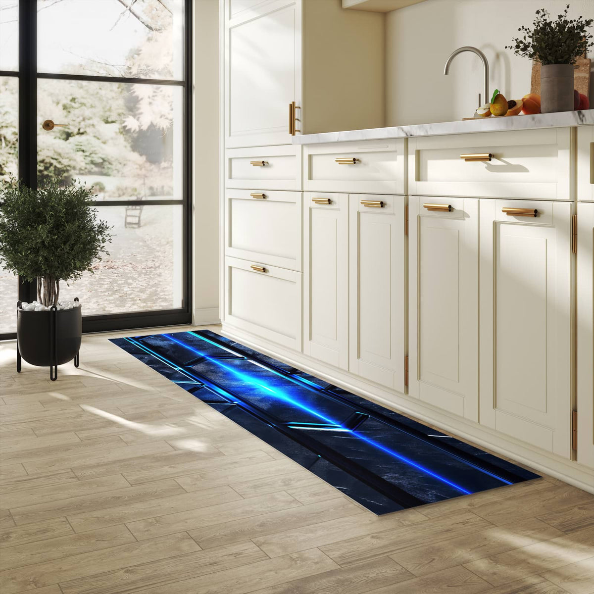 Bodenschonender waschbarer Küchenteppich mit Motiv Futuristisches Design in heller Küche