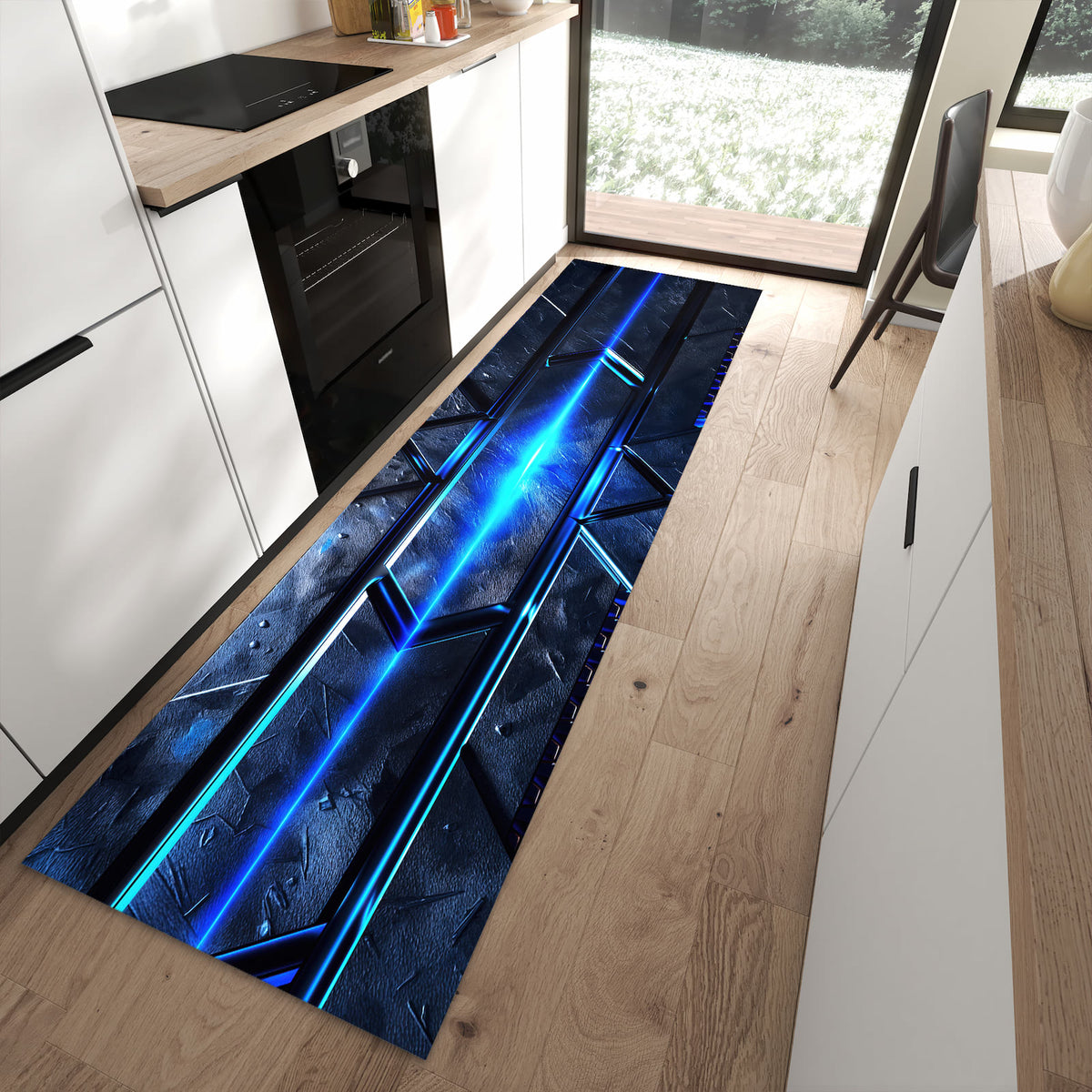 Langlebiger Bodenläufer mit Motiv Futuristisches Design in moderner Küche