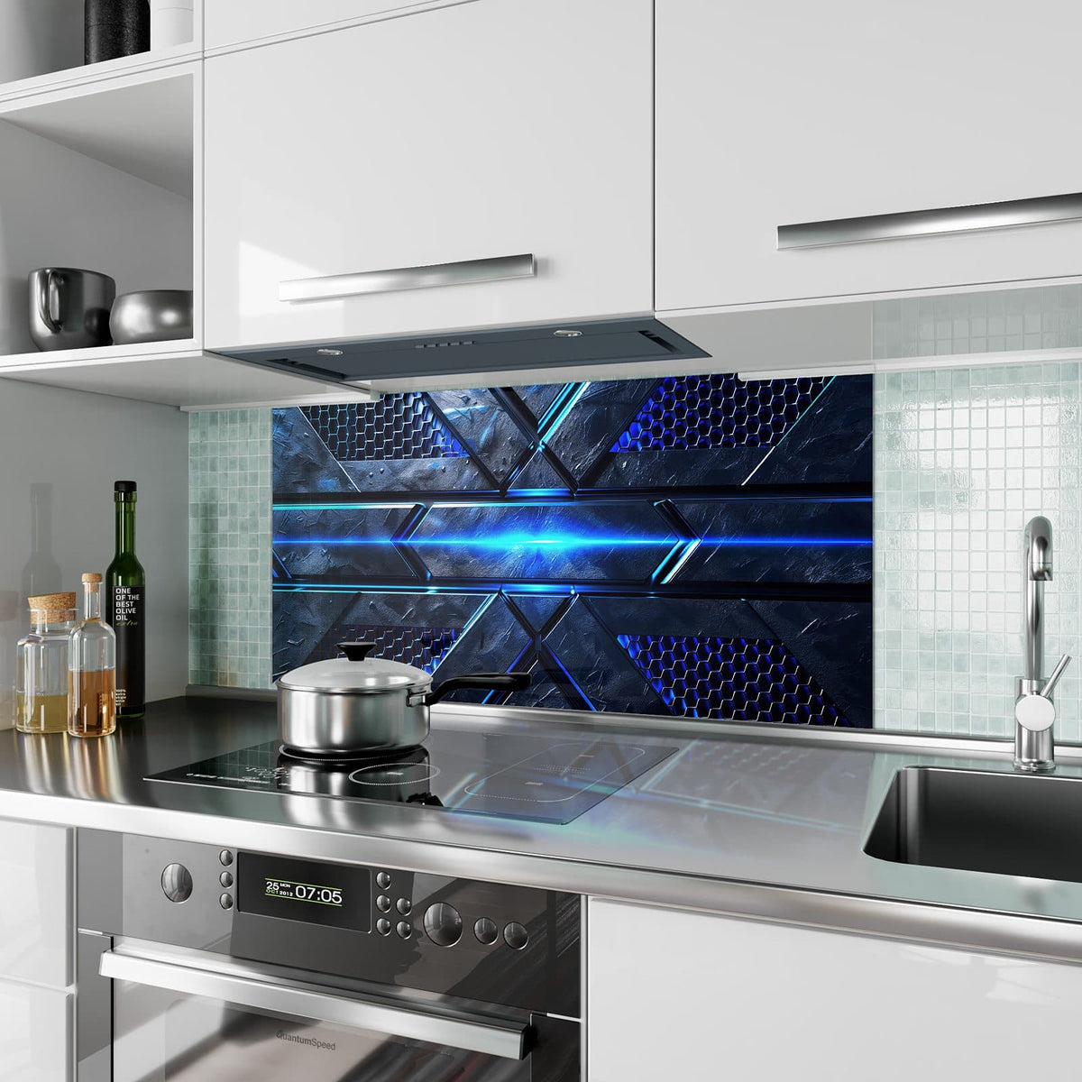 Küchenrückwand aus Glas Blauer Lichtstreifen im Hochformat als Spritzschutz hinter dem Kochfeld, über dem Fliesenspiegel montiert