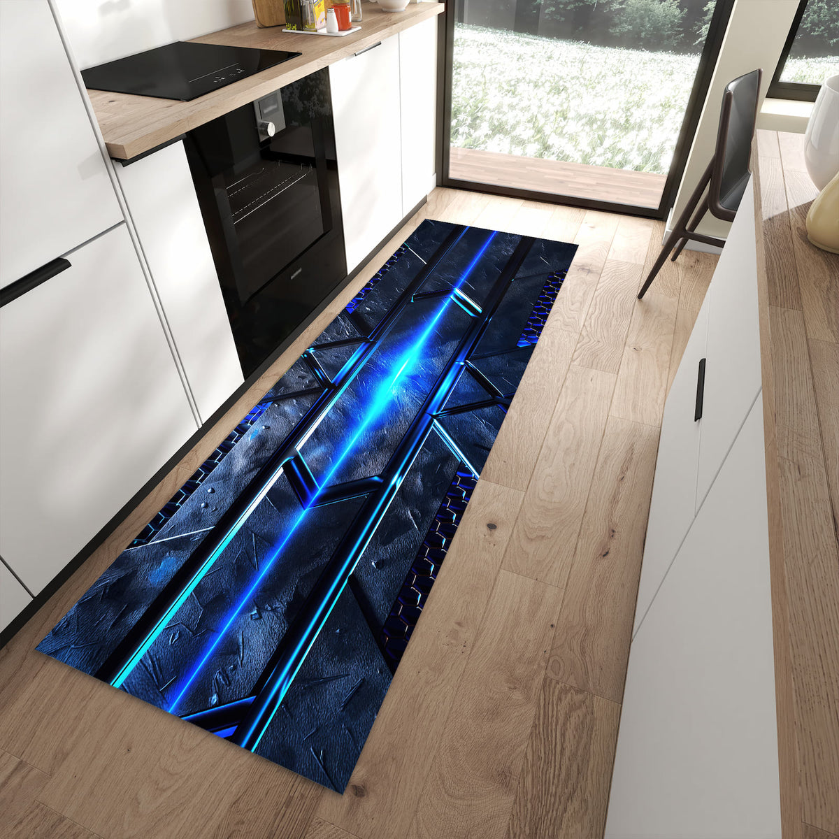 Geruchsneutraler rutschfester Küchenteppich mit Motiv Futuristisches Design in moderner Küche