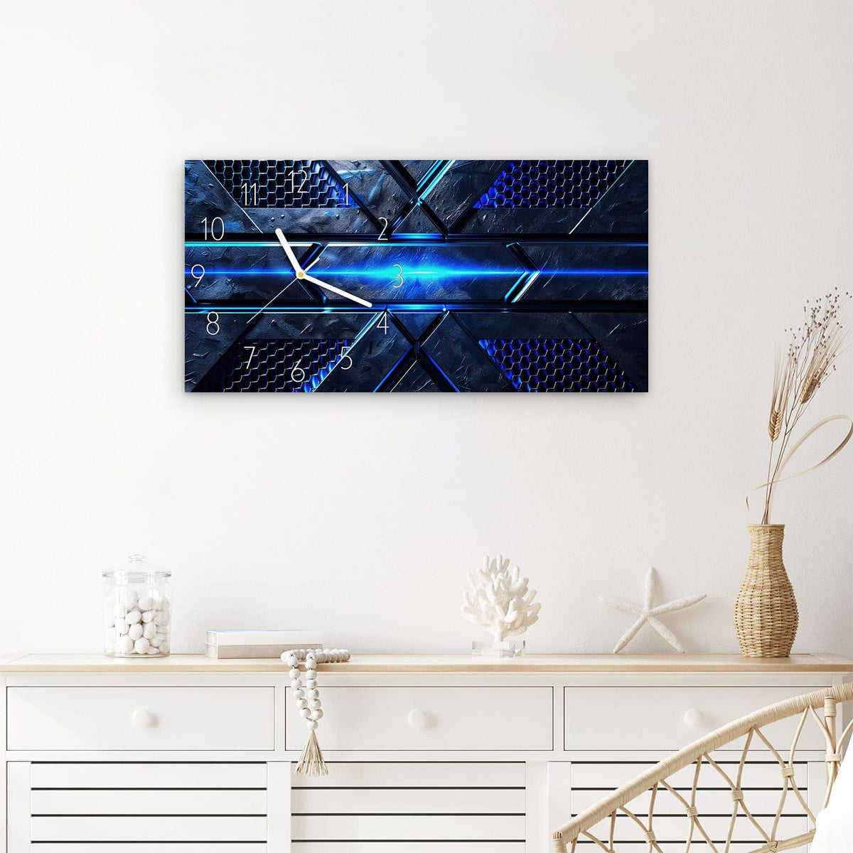Wanduhr Futuristisches Design aus Glas – Querformat 60 × 30 cm – Leuchtender blauer Lichtstreifen