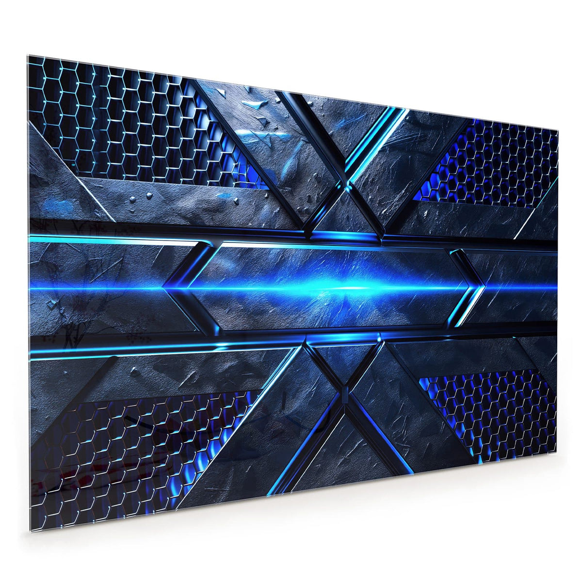 Küchenrückwand aus Glas im Hochformat: Dunkle Metallplatten mit Wabenmuster und einem grell blau leuchtenden Lichtband quer durch die Mitte.