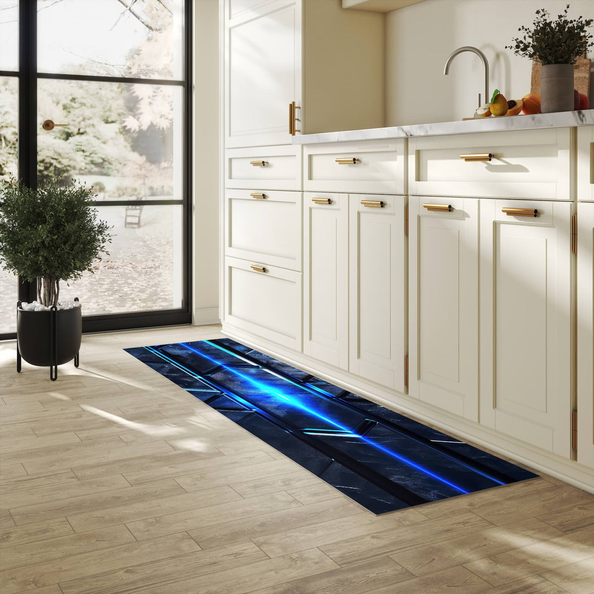 Küchenteppich mit Motiv Futuristisches Design für Ordnung & Übersicht in heller Küche