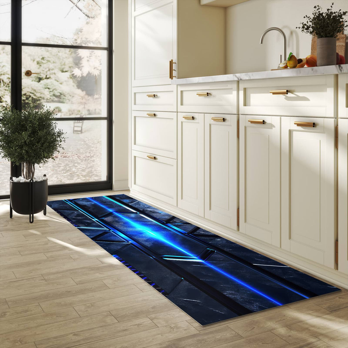 Geräuschdämpfender waschbarer Küchenteppich mit Motiv Futuristisches Design in heller Küche