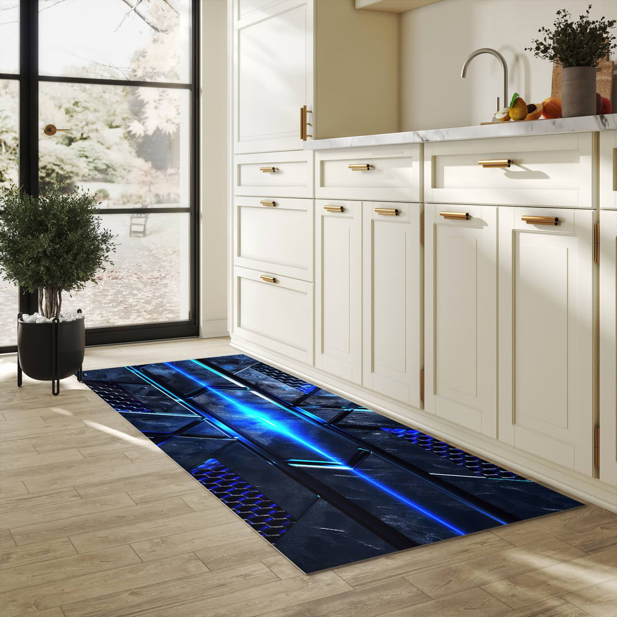 Waschbarer Küchenteppich mit Motiv Futuristisches Design für Trittkomfort in heller Küche