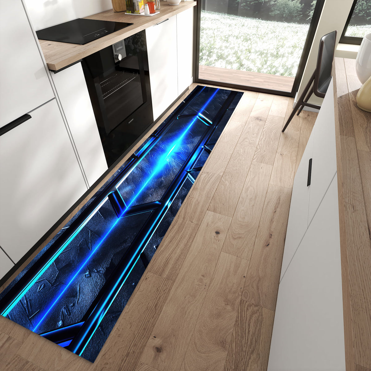 Waschbarer dünner Küchenteppich mit Motiv Futuristisches Design in moderner Küche