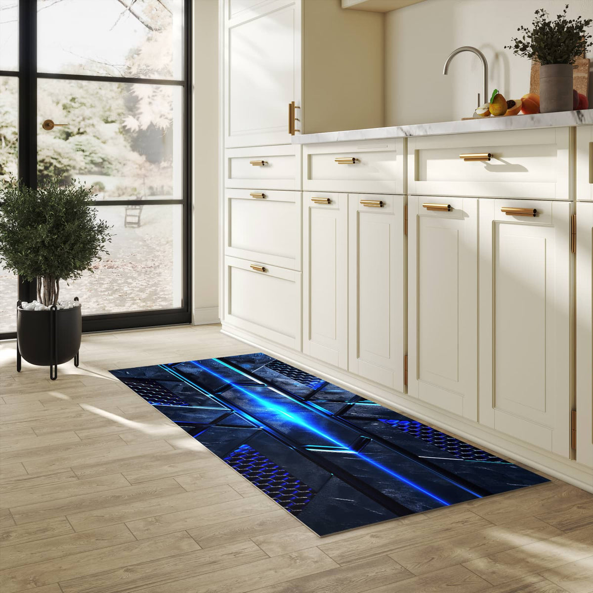 Küchenteppich mit Motiv Futuristisches Design in heller Küche für sicheres Aufbewahren
