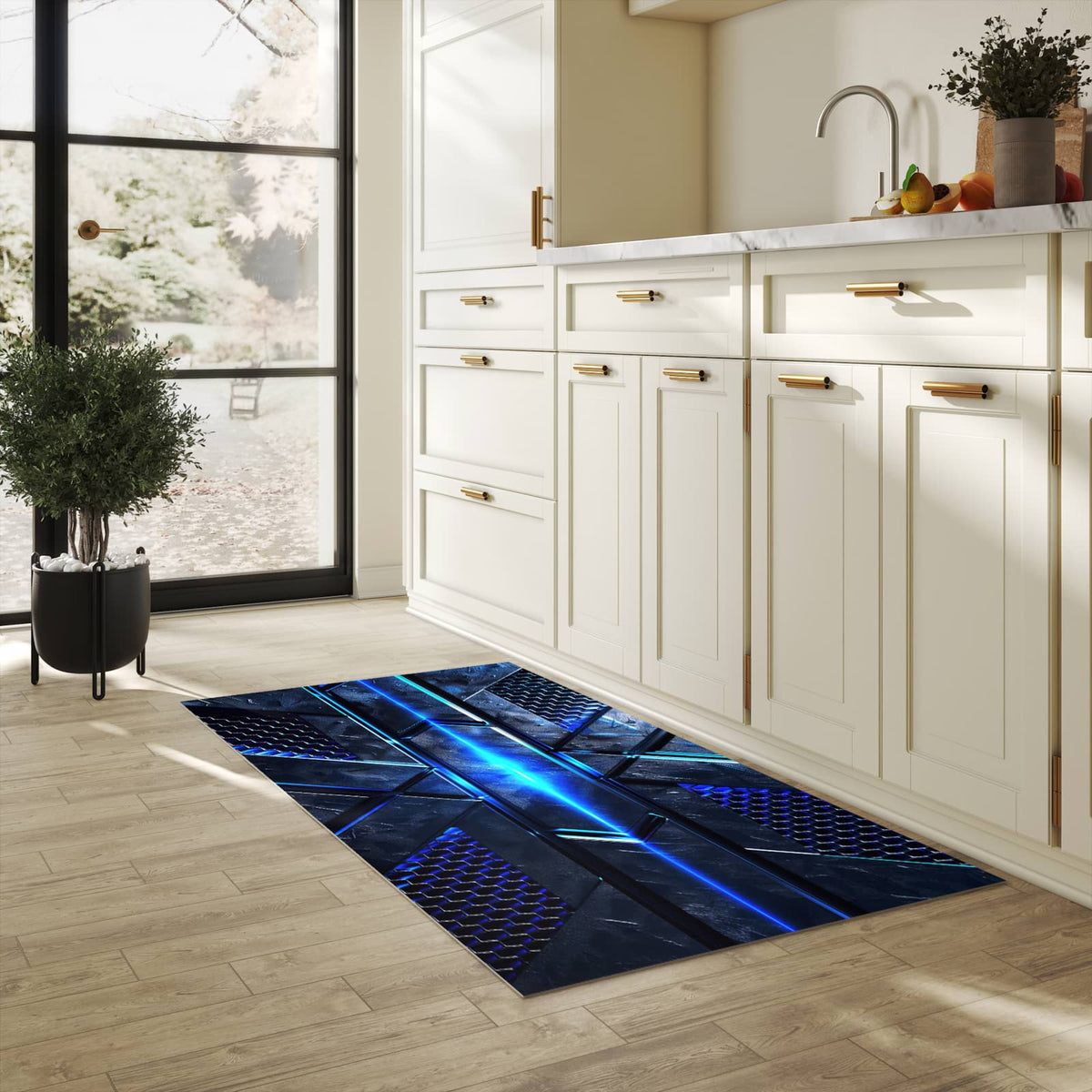 UV-beständiger Küchenteppich mit Motiv Futuristisches Design in heller Küche