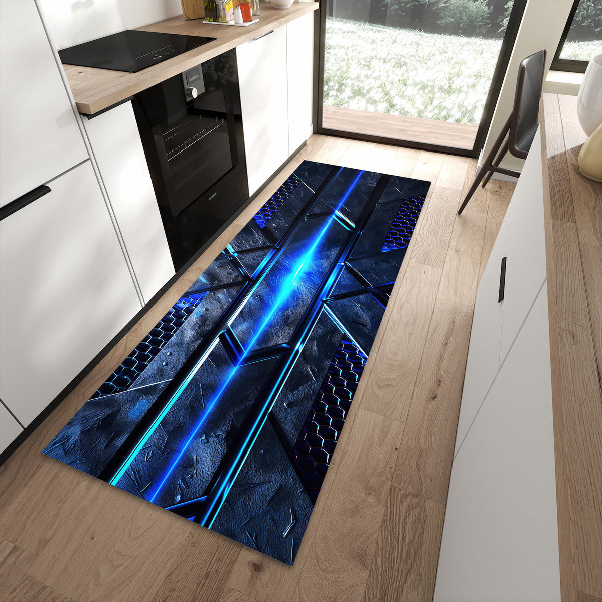 Komfortabler waschbarer Küchenteppich mit Motiv Futuristisches Design in moderner Küche