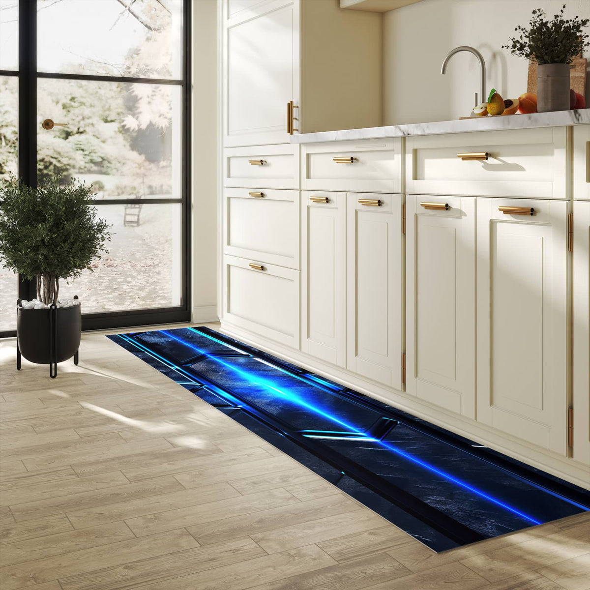Farbbeständiger Küchenteppich mit Motiv Futuristisches Design in heller Küche