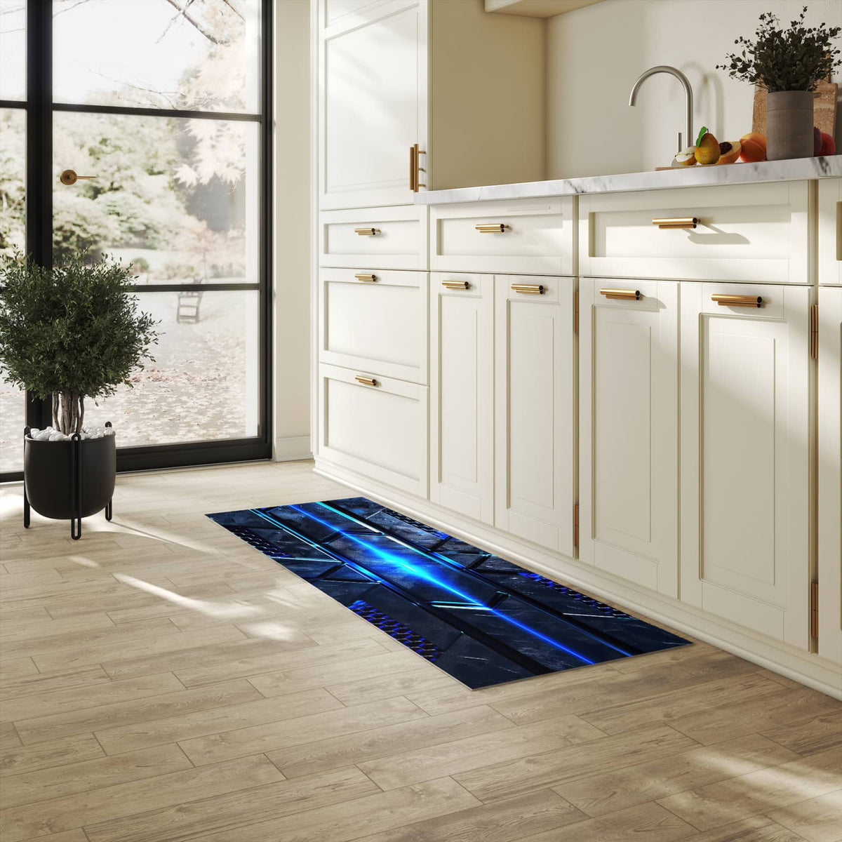 Bodenschonender Bodenläufer-Teppich mit Motiv Futuristisches Design in heller Küche