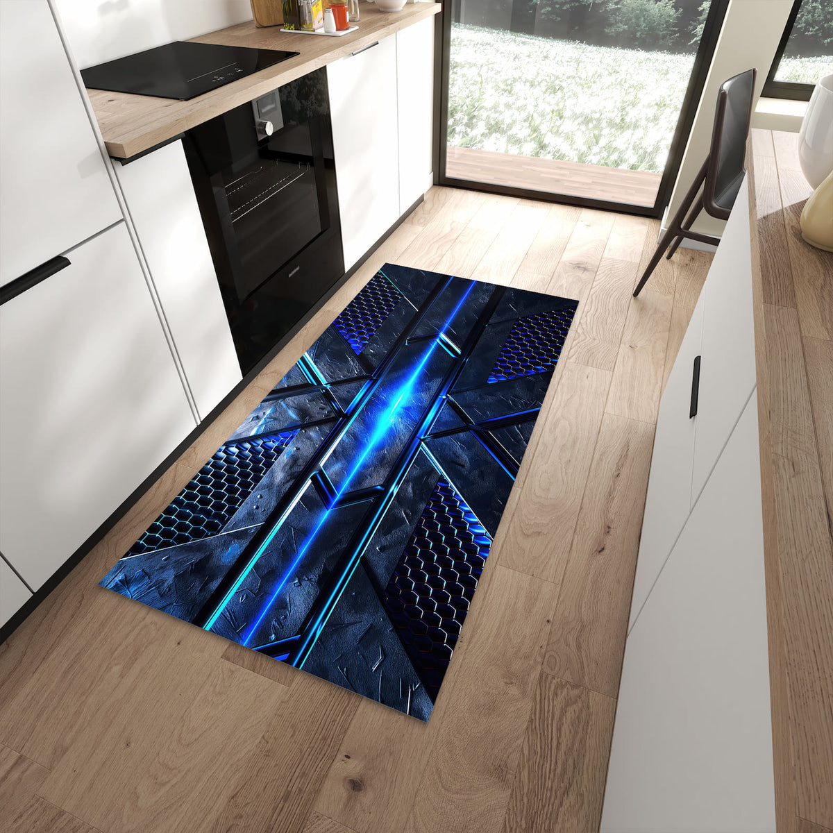 Pflegeleichter Küchenteppich mit Motiv Futuristisches Design in moderner Küche