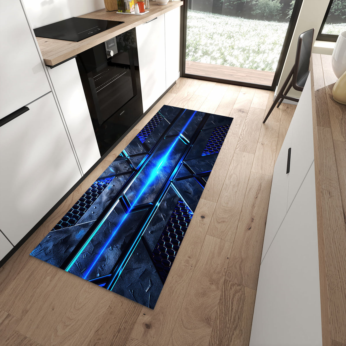 Schmutzabweisender Teppich für Esstisch mit Motiv Futuristisches Design in moderner Küche