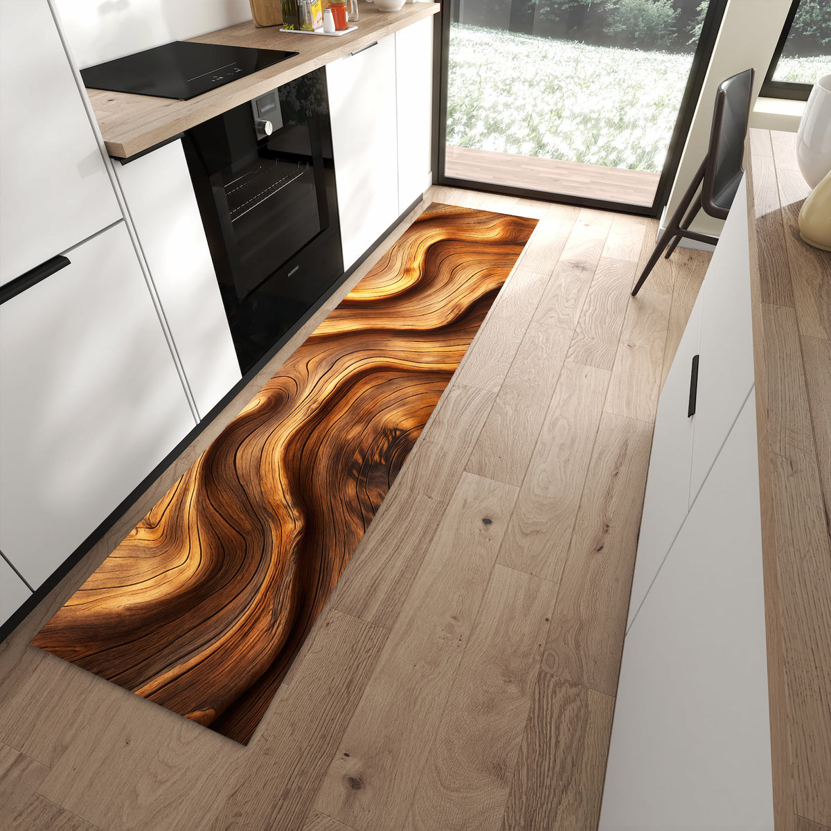 Langlebiger Küchenläufer mit Motiv Holzstruktur in moderner Küche