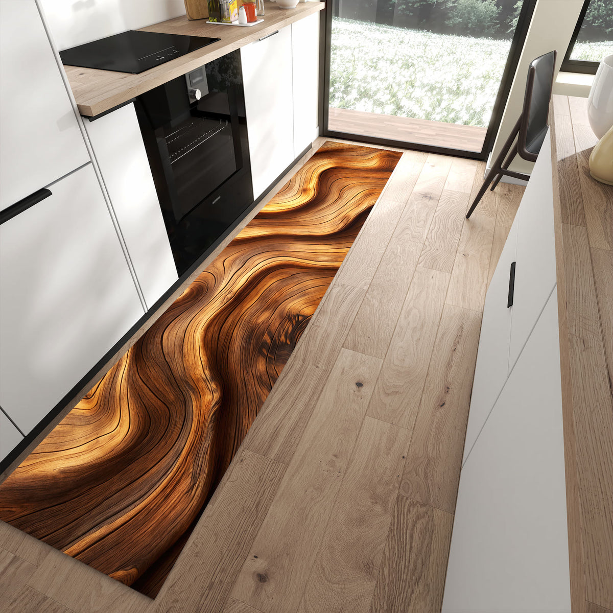 Rutschfester Küchenläufer mit Motiv Holzstruktur in moderner Küche