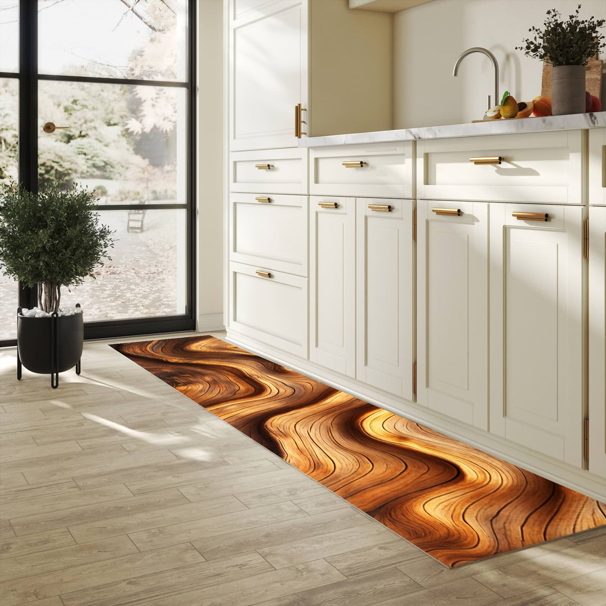 Komfortabler langer Teppich mit Motiv Holzstruktur in heller Küche