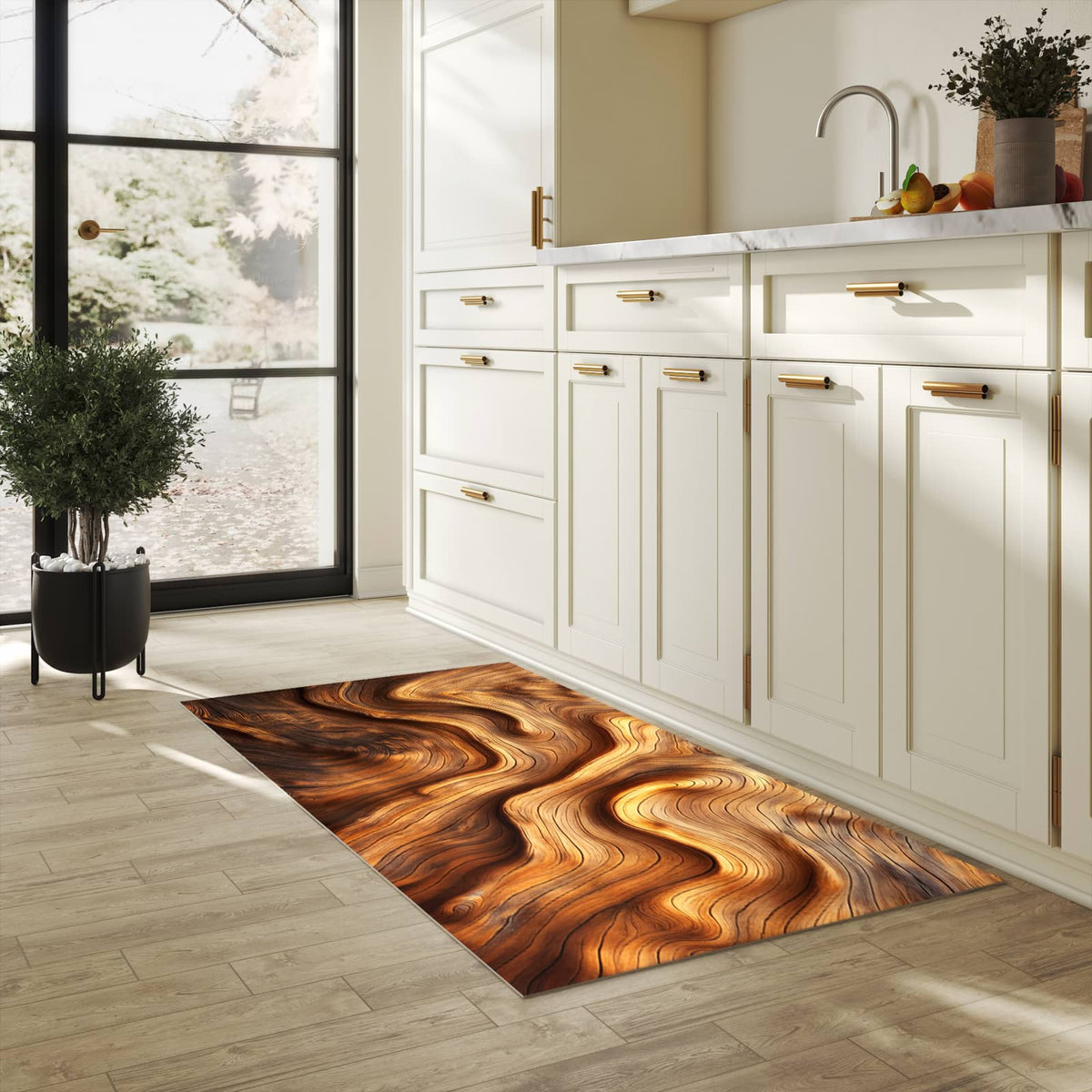 Waschbarer Teppich fürs Esszimmer mit Motiv Holzstruktur in heller Küche