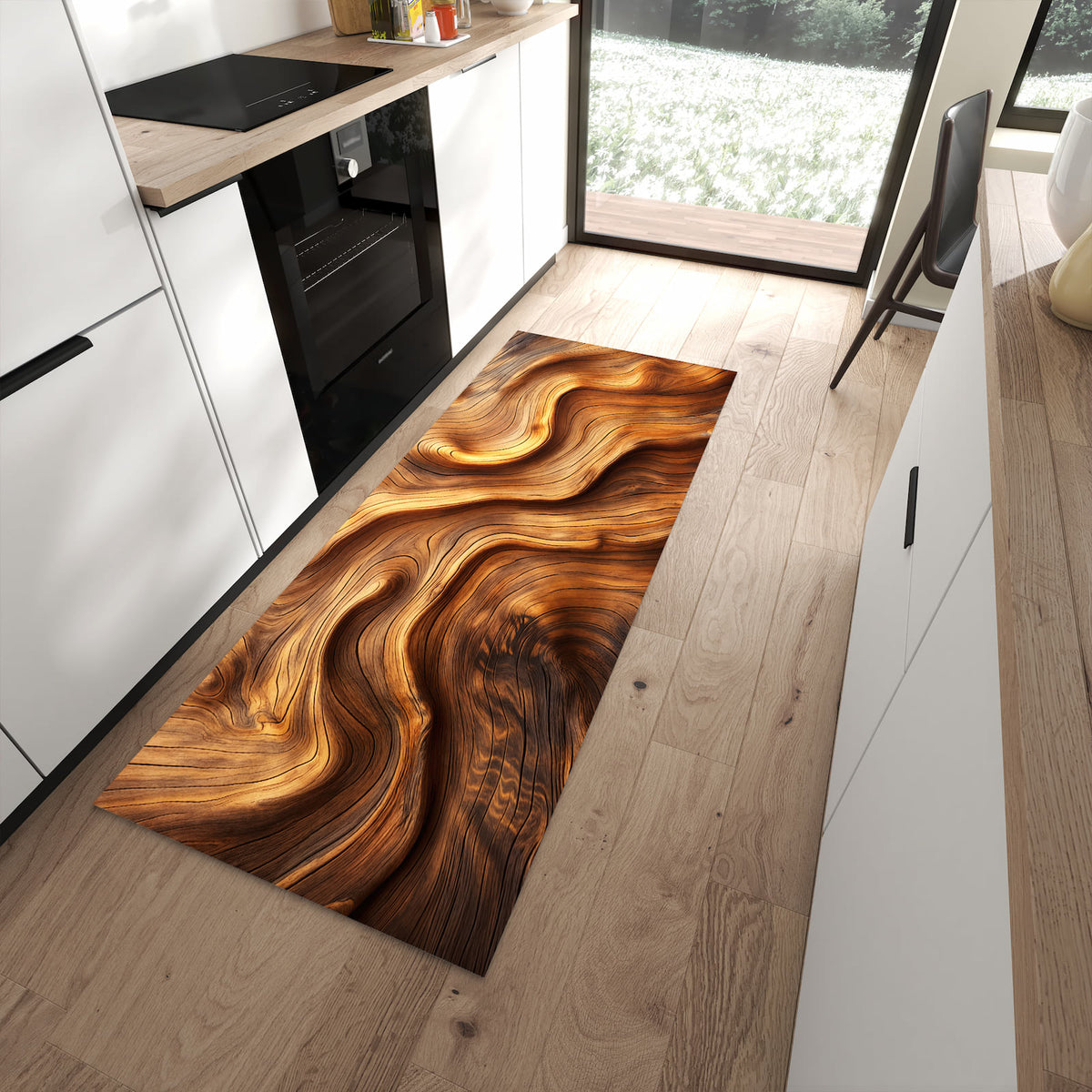 Bodenschonender Küchenteppich mit Motiv Holzstruktur in moderner Küche
