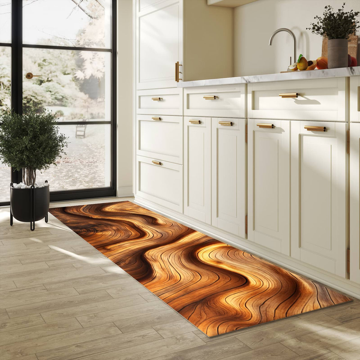 Hygienischer rutschfester Küchenteppich mit Motiv Holzstruktur in heller Küche