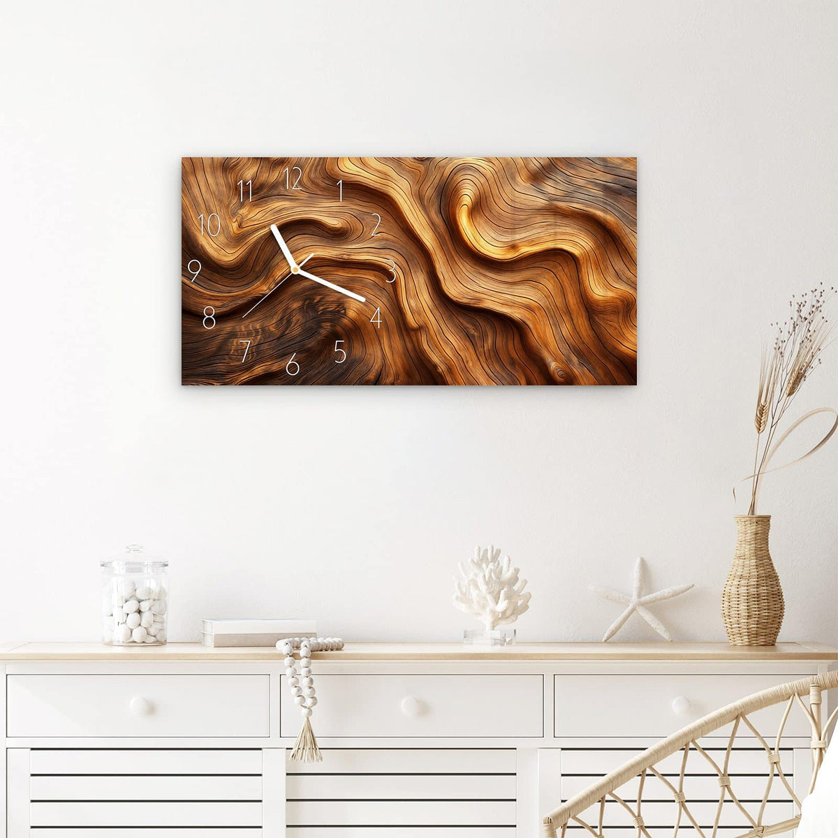 Wanduhr Holzstruktur aus Glas – Querformat 60 × 30 cm – Wellige Holzmaserung in Braun