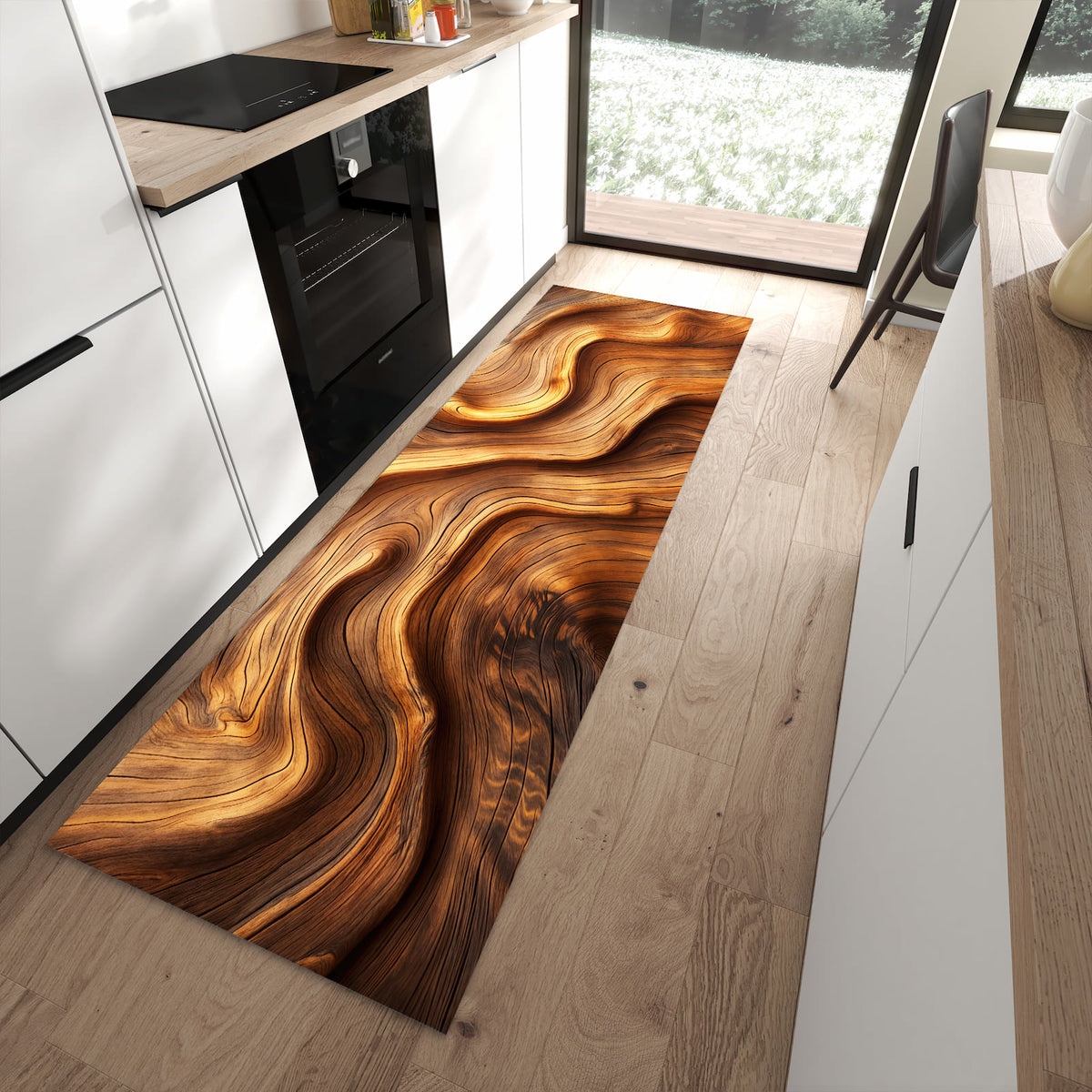 Ordnungsschaffender Küchenläufer mit Motiv Holzstruktur in moderner Küche