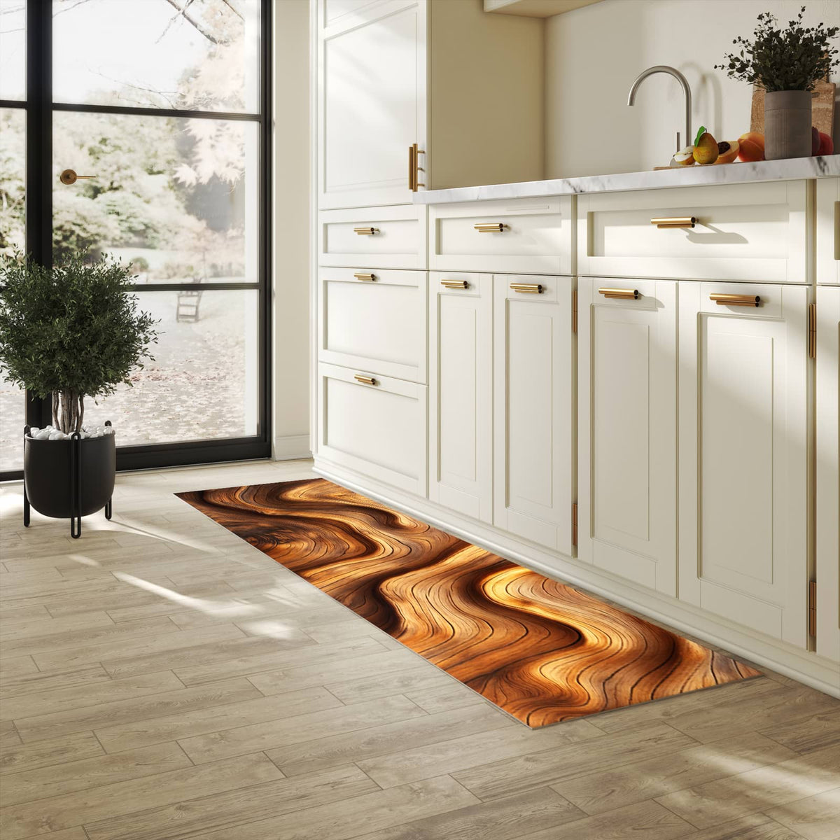 Flacher waschbarer Läufer für die Küche mit Motiv Holzstruktur in heller Küche