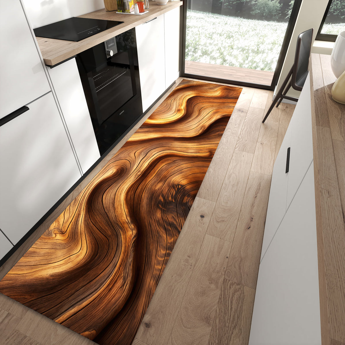 Farbbeständiger Teppichläufer mit Motiv Holzstruktur in moderner Küche