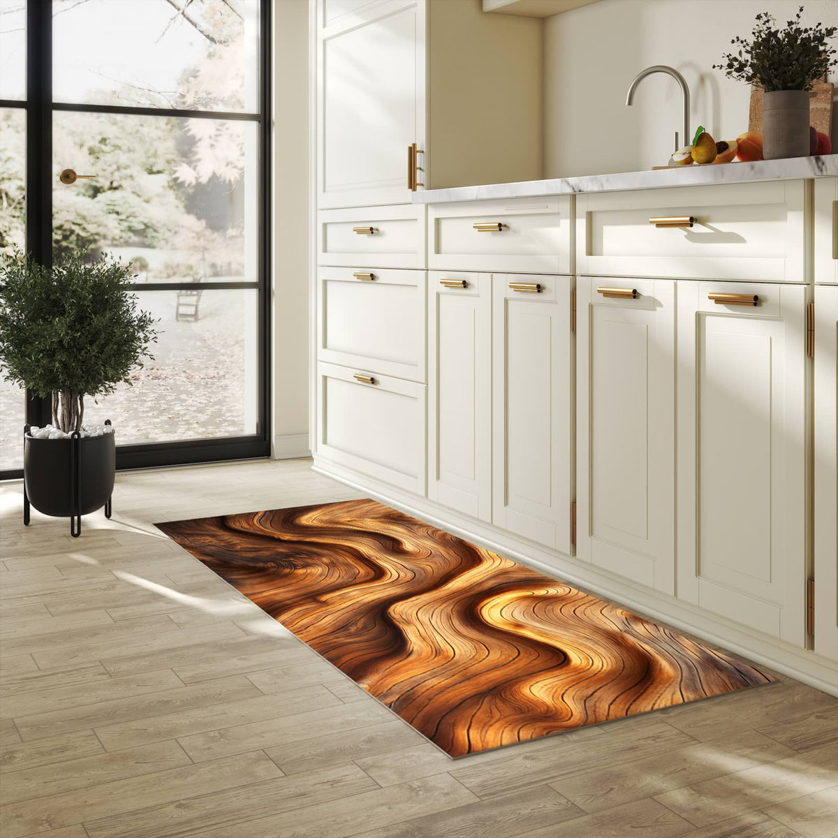 Pflegeleichter Läufer mit Motiv Holzstruktur in heller Küche für einfache Reinigung