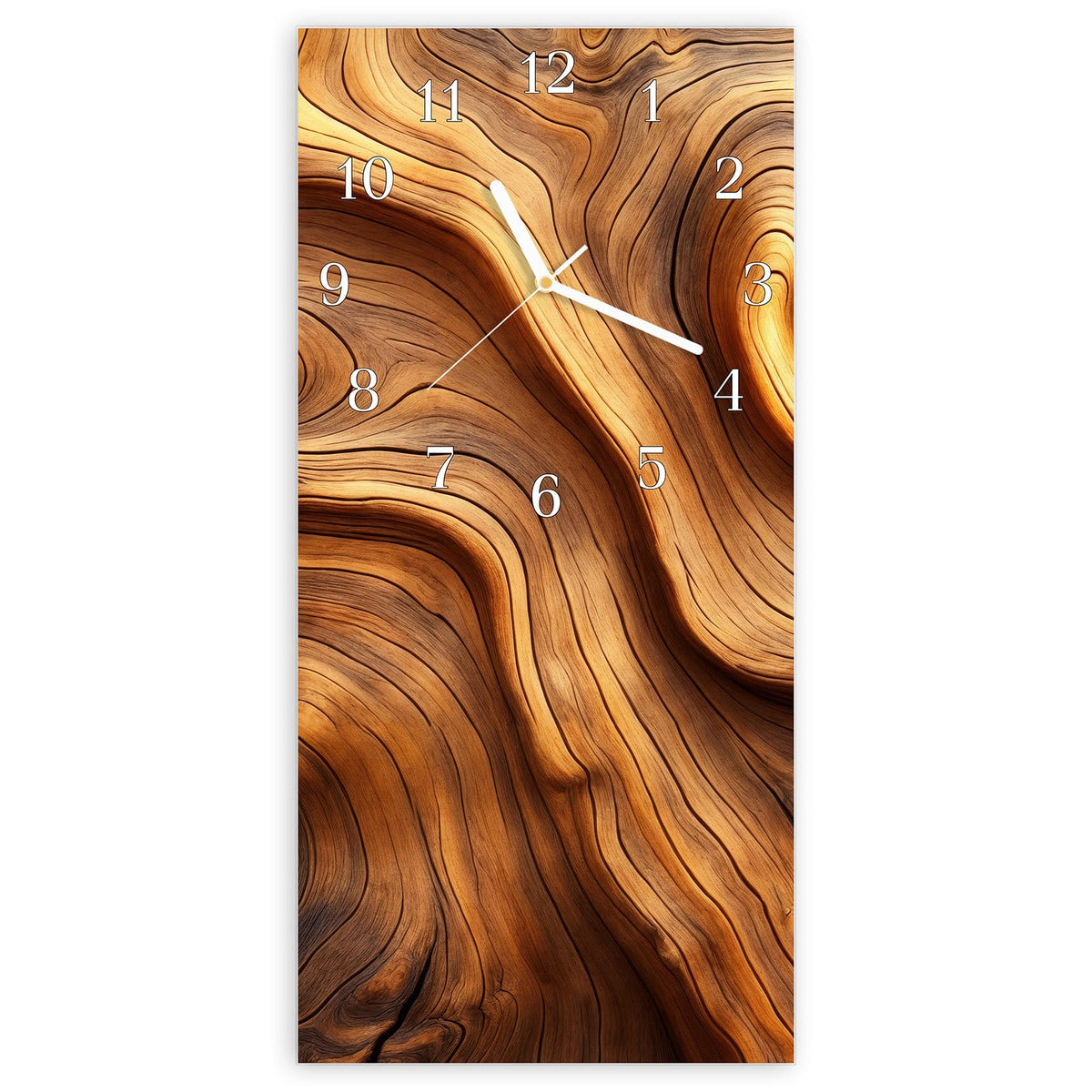 Wanduhr aus Glas, Ziffernblatt Klassisch mit Motiv Wellige Holzmaserung: Stark geschwungene, wellenförmige Maserung in warmem Braun #ziffernblatt_Klassisch