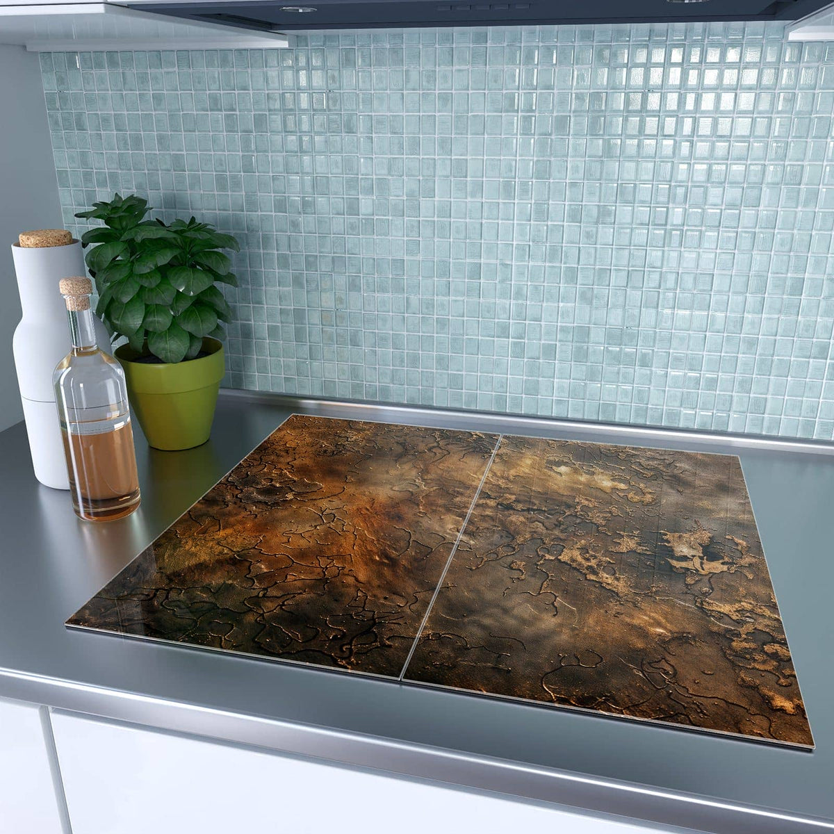 Herdabdeckplatte Dunkle Bronzepatina – Erdige Textur in Braun und Gold