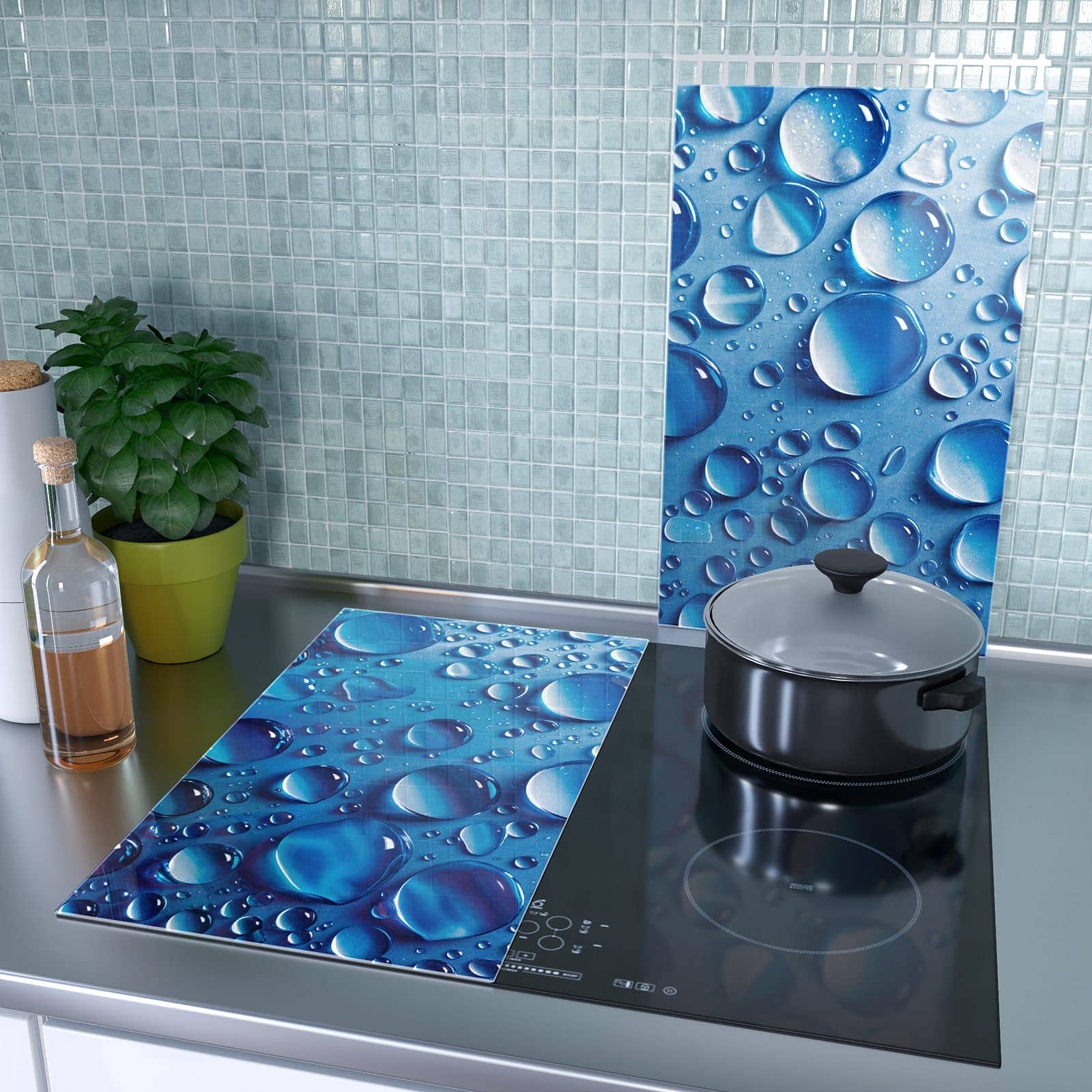 2-teilige Herdabdeckplatten aus Glas mit Wassertropfen-Motiv als Spritzschutz hinter dem Kochfeld